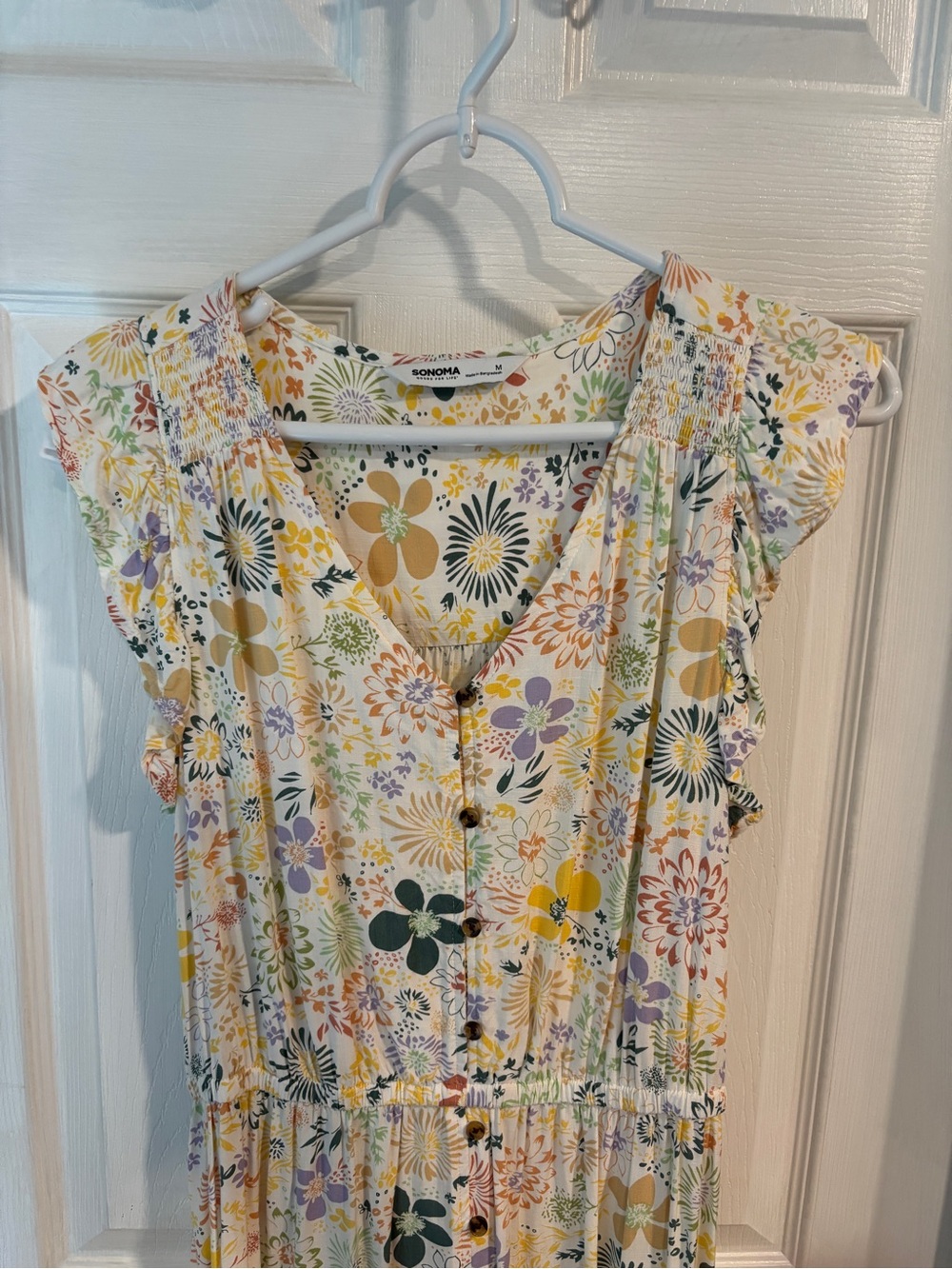 Sonoma White Floral Button-Front Tunic Dress with Yellow, Green & Purple Accents